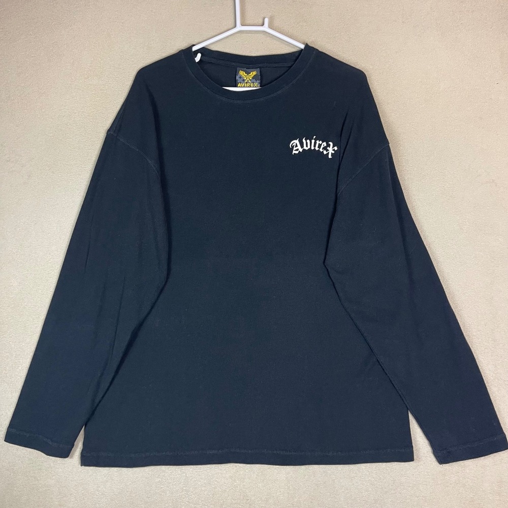 Avirex Long‎ Sleeve T Shirt Mens XL Black Gothic Logo Thermal Knit Top